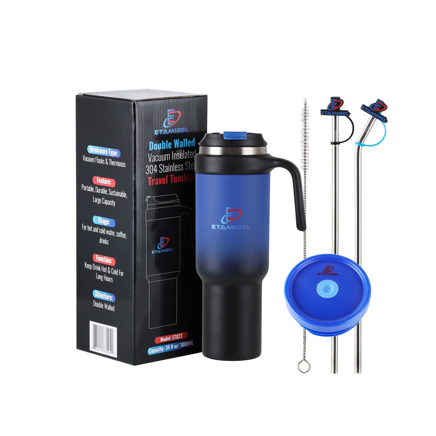 ETAMIBEL 1000ML(34FL OZ) Double Wall Stainless Steel Vacuum Insulated Tumbler (Black-Blue)