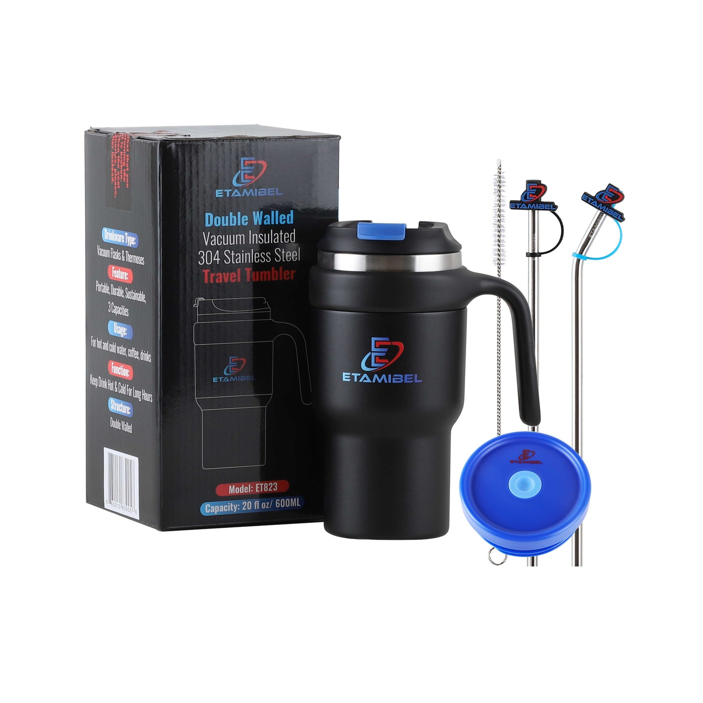 ETAMIBEL 600ML(20FL OZ) Double Wall Stainless Steel Vacuum Insulated Tumbler (Black)